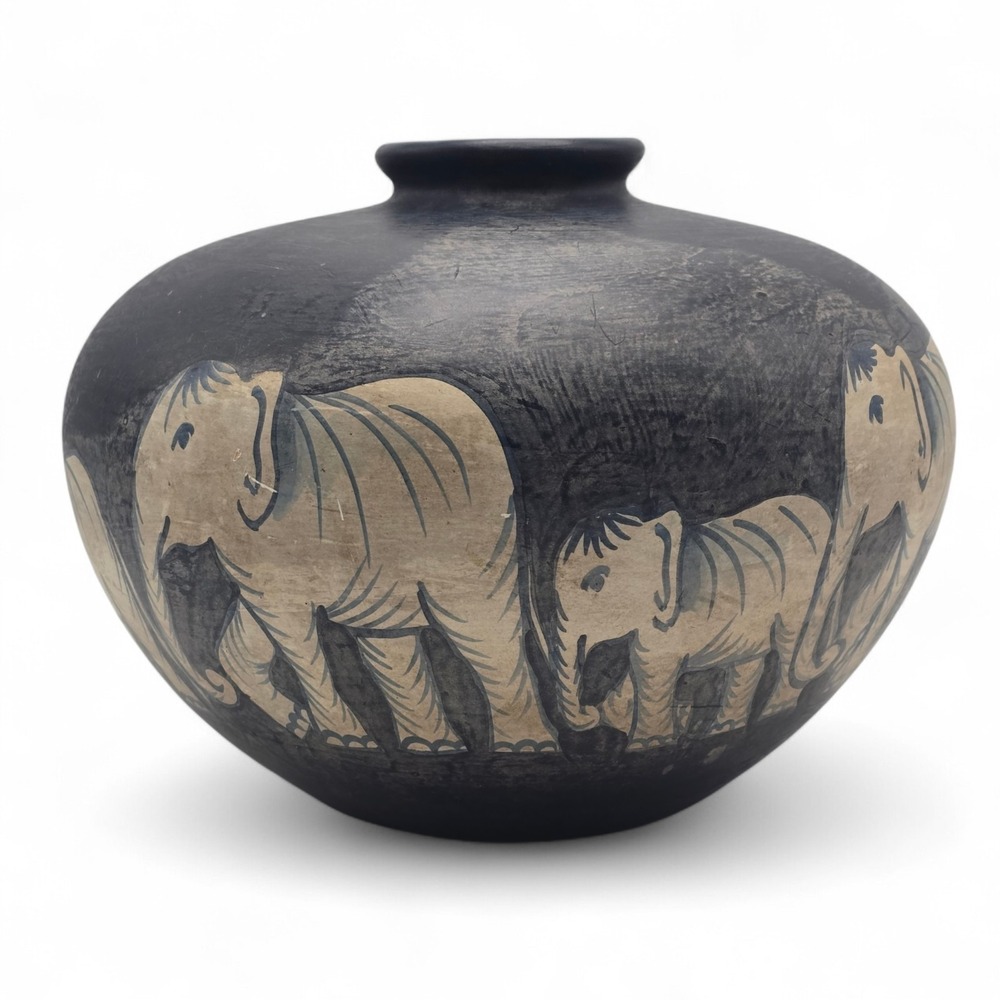 Vintage Studio Pottery Vase Elephant Motif Matte Black Southwest Style